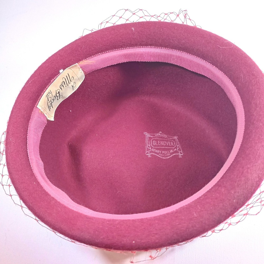 Vintage Miss Becky Womens Pillbox Hat Burgundy Wool Felt Birdcage Veil Ribbon - Picture 7 of 9